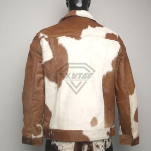 Custom Cowhide Hair on Hide Men Trucker Jacket Genuine Leather Patchwork Fur <b>Coat</b> Manufacturer Cow Print Western Style Outerwear - Product Image 3