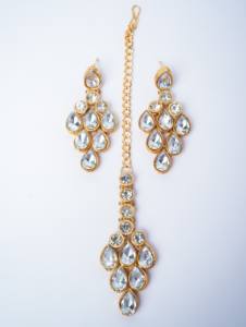 Elegant Bollywood Style Combo <b>Set</b> Long Mala Choker Necklace Maang Tikka Earrings <b>Gold</b> Plated White Zircon Wedding <b>Set</b> - Product Image 6