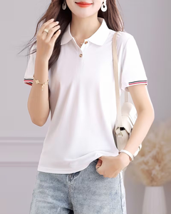 Women's Jersey Polyester/Cotton 160g Quick Dry Breathable Knitted Casual Short Sleeve Front Custom Logo Top for Golf Tennis - Product Image 5
