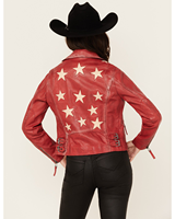 Veste en cuir pour femme motif étoile et cœur, en peau d'agneau rouge crème, style motard avec appliqué au dos, manteau moto western pour femme