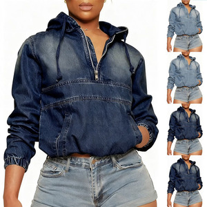 Sudadera con Capucha de Mezclilla Ecológica de Alta Calidad para Mujer, con Cierre de Cremallera de un Cuarto, Manga Larga, Color Azul, con Puños Elásticos - Product Image 6
