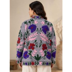 Embroidered Knitted Cotton <b>Jacket</b> Women Mandarin Collar Full Sleeve Floral Pattern Autumn Winter Spring Prairie Chic Style 100% - Product Image 4