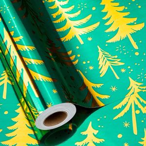 Rotolo di Carta da Regalo Natalizia Verde Vintage 17 Pollici X 33 Piedi con Design Albero di Natale in Lamina Dorata Metallizzata - Product Image 1
