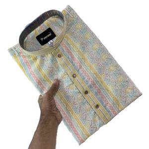 RAYON FANTAISIE AVEC IMPRIMÉ TRAVAIL HOMME KURTA AVEC PYJAMA BLANC CASSÉ Achkan Bandhgala Sherwani - Product Image 1