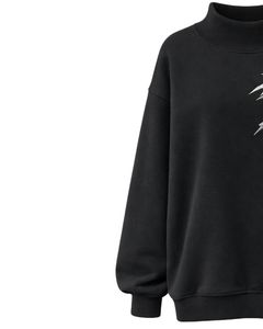 Sudadera Oversize de Forro Polar para Mujer Negra, Cuello Alto, Bordado de Bambú, Casual, Cálida para Invierno, Algodón Poliéster, Ajuste Holgado - Product Image 3