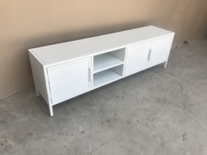 Modern White TV Stand with <b>Storage</b> Shelves and <b>Cabinet</b> Doors for Living <b>Room</b> Furniture Midcentury Design - Product Image 2