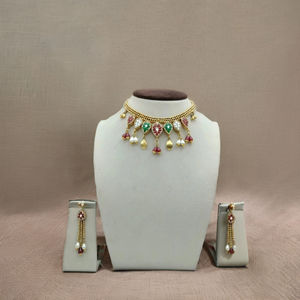 Traditional Gold Plated Kundan Choker <b>Necklace</b> <b>Set</b> with Red Green Stones and <b>Pearl</b> Drops Bridal Wedding Jewelry - Product Image 4