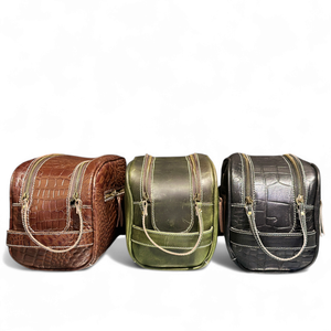 Bolsa de Viaje Impermeable de Cuero con Patrón de Caramelo en Relieve, Estilo Vintage, Duradera, para Hombre, Neceser de Aseo, Organizador de Artículos de Afeitado, con Cremallera Grande y Portátil - Product Image 1