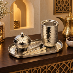 Ensemble de brûleurs à bakhoor en acier inoxydable martelé |   Porte-encens Oud Arabe avec plateau de service et pinces, décoration islamique pour la maison et le Majlis - Product Image 4