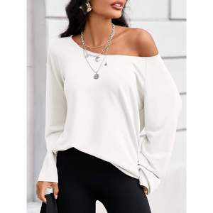 Fisoew Womens off Shoulder Knitted 100% Cotton Sweatshirt <b>Long</b> <b>Sleeve</b> Oversized Loose Fit <b>Tunic</b> <b>Top</b> White - Product Image 2