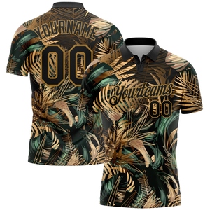 Polo de golf personnalisé noir et or vieilli, motif 3D feuilles tropicales dorées et vertes, le plus vendu de notre gamme professionnelle en gros - Product Image 1