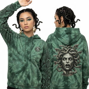 Sudadera con capucha verde bosque tie-dye para mujer, con estampado gráfico de serpiente Medusa, diseño mitológico de pitón en las mangas, estilo streetwear, lavado vintage. - Product Image 1