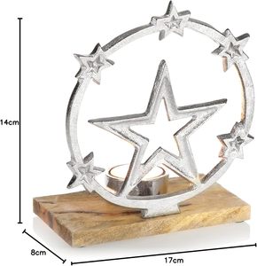 Aluminum Star <b>Tea</b> <b>Light</b> Holder with Silver Star Motif <b>Christmas</b> Candle Holder with Wooden Base <b>Christmas</b> Decoration Star - Product Image 2