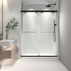 Porta Doccia Scorrevole Doppia Senza Telaio da 60 Pollici, Stile Nord Americano, Nero Opaco, Vetro Temperato 8mm con Funzione di Chiusura Morbida Regolabile - Product Image 1
