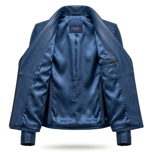 Shawl Lapel Womens Royal Blue Lambskin <b>Leather</b> <b>Jacket</b> Two Tone Fitted Slim <b>Blazer</b> Style Biker Outerwear Deep Navy - Product Image 5