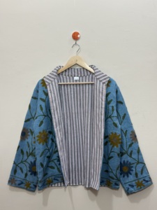 Maaunique Blue Hand Embroidered <b>Velvet</b> Floral One Size Unisex Casual Winter TNT Suzani <b>Quilted</b> Jacket Breathable Eco-Friendly - Product Image 2