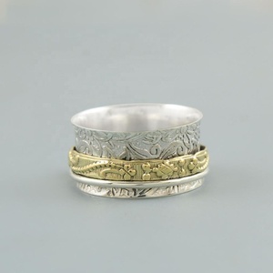 Handmade 925 Sterling <b>Silver</b> Gold Spinner <b>Ring</b> Engraved Floral Meditation <b>Ring</b> Wide Band Anxiety Spinner <b>Ring</b> for Women & <b>Men</b> - Product Image 2