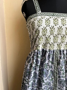 Green Cotton Maxi Dress with <b>Adjustable</b> Straps <b>Square</b> Collar Block Print Indian Style and Pocket Long Summer Wear Maxi Dress - Product Image 2