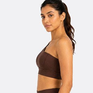 Women's One-Shoulder Asymmetrical Sports Bra Medium Support Seamless Yoga Top Solid Brown Front Logo OEM Women one shoulder Bra - Product Image 4