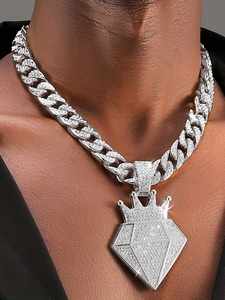Iced Out <b>Crown</b> Diamond Pendant Necklace for Men Moissanite <b>Silver</b> Cuban Chain Hip Hop Jewellery Pendant - Product Image 1