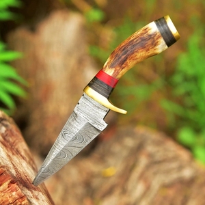 Cuchillo de desollar de acero de Damasco hecho a mano con hoja de punta caída y mango de cuerno y madera, cuchillo de camping para hombre - Personalizable ODM/OEM/OBM - Product Image 5