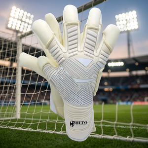 Guantes de portero de fútbol de neopreno blanco con diseño personalizado, caucho inyectado, látex alemán de 4 mm, correa elástica y corte híbrido. - Product Image 4