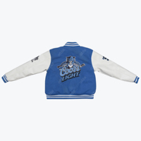 Veste universitaire personnalisée pour femmes, en laine douce bleu ciel, manches en cuir PU blanc, broderie, veste de baseball universitaire