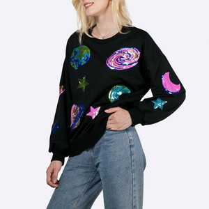 Custom Black Sequin Celestial Crewneck Sweatshirt Women's Hoodies Pullover Long Sleeve Space Design <b>Aesthetic</b> Streetwear <b>Top</b> - Product Image 1
