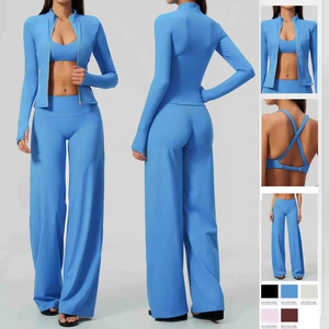 Conjunto de Yoga de 3 Piezas: Chaqueta con Cremallera y Cuello Alto, Sujetador Cruzado, Leggings Acampanados de Cintura Alta, Leggings Anchos de Cintura Alta, Conjuntos de Entrenamiento Personalizados - Product Image 1