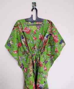 Vestido Kaftán de Algodón Hecho a Mano con Estampado de Aves, Ligero, Maxi, para Verano - Product Image 3