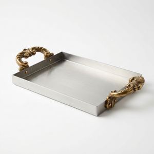 Bandeja de Servir Rectangular de Acero Inoxidable con Asas de Latón Ornamentadas, Bandeja Otomana de Metal Pulido, Elegante Bandeja para Bebidas para Decoración del Hogar - Product Image 2