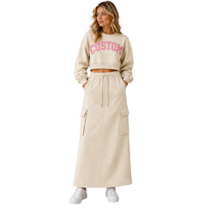 Two Piece Women's Mini <b>Skirt</b> & Crop Sweatshirt Wholesale Custom Gingham Applique Premium French Terry Tracksuit OEM Autumn Wear - Product Image 4
