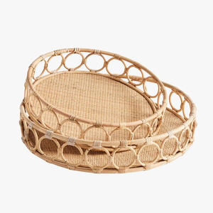 Round Rattan Eco-Friendly <b>Camping</b> Serving Tray with Handles Minimalist Design for Kitchen <b>Table</b> Use - Product Image 1