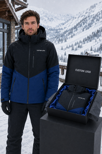 <b>Men's</b> <b>Blue</b> Black Color Blocked Waterproof <b>Ski</b> <b>Jacket</b> Hooded Zipper Closure Custom Logo Front Synthetic Insulated Outdoor Wear - Product Image 5