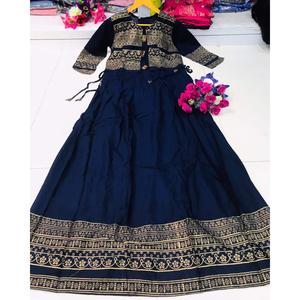 VESTIDO DE FIESTA VESTIDO DE TRABAJO CON ESTAMPADO DE RAYÓN DORADO AZUL - Product Image 1