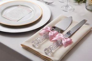 Juego de cuchillos para pastel con mango de cristal y decoraciones de lazo rosa, diseño moderno para bodas, celebraciones, vajilla, fiestas y eventos. - Product Image 3