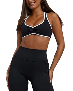 Women's Black Sports <b>Bra</b> With White Contrast Binding Deep V-<b>Neck</b> <b>Halter</b> Yoga Fitness <b>Bra</b> Medium Support Breathable Seamless - Product Image 2