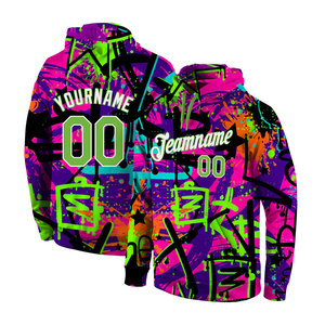 Sweat-shirt à capuche sport 3D personnalisé avec motif graffiti vert néon et blanc, streetwear, mode urbaine, graphisme audacieux - Product Image 1
