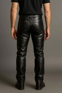 <b>Men's</b> High Waist Black genuine Leather Pants Straight Fit Moto Biker Style With Pockets Zipper Fly - Product Image 5