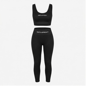 Ensemble de yoga 2 pièces North Approach, haut court noir et leggings taille haute, couleur unie, vêtements de sport respirants, vêtements de sport pour femmes - Product Image 1