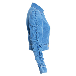 Women Light Blue <b>Cropped</b> <b>Denim</b> <b>Jacket</b> Ruched Long Sleeve Button Front Slim Fit Casual Fashion Outerwear - Product Image 5