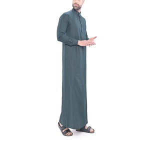 Wholesale Premium Cotton Stand Collar Modest <b>Men's</b> Loose Fit <b>Thobe</b> Islamic Eid Plus Size Floor Length Short Sleeve Quick Dry - Product Image 2