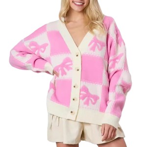 Cardigan long décontracté en maille pour femme avec col en V, boutons, imprimé nœud et blocs de couleur, respirant pour le printemps - Product Image 5
