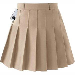 กระโปรงมินิสั้นทรงพลีทสีเบจคากีเอวสูง มีกระเป๋าข้าง ทรงคลาสสิคสไตล์กระโปรงเทนนิส - Product Image 1