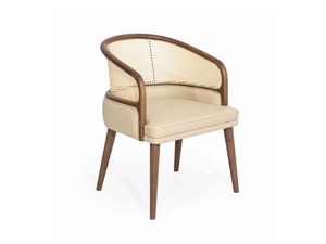 Silla de comedor tapizada en cuero de estilo moderno de mediados de siglo, con estructura de madera y respaldo de mimbre - Product Image 2