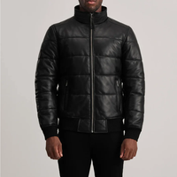Blouson matelassé en cuir véritable noir pour homme, col rond, fermeture éclair, coupe-vent, hiver, coupe ajustée, séchage rapide, style motard, nylon