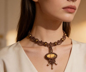 Handmade Macrame Labradorite Choker <b>Necklace</b> Brown Cord Boho <b>Statement</b> Pendant Adjustable Artisan Jewelry - Product Image 4