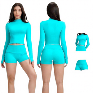 Solid Blue Yoga Set Crew Neck <b>Lace</b> Breathable <b>Elastic</b> Waist Crop High Waist Shorts 2 Piece Activewear Women's Fitness - Product Image 4