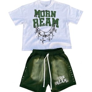 Nouveautés : Ensembles chemises blanches et shorts verts pour hommes, imprimés avec logo personnalisé, effet délavé, pour streetwear, été, vêtements d'extérieur. - Product Image 1