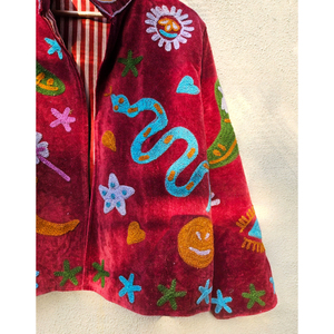 <b>Maroon</b> Velvet Embroidered Women Jacket New design Pattern Short <b>Coat</b> Autumn Winter Hand Embroidery Pattern <b>Coat</b> gift for her - Product Image 3